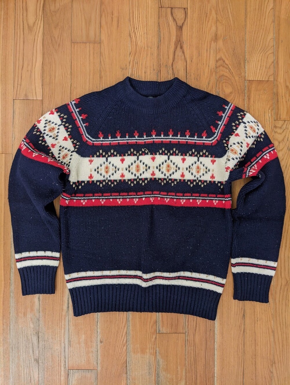 Vintage 70s Sportable Raglan Sleeve Knit Geometric Sweater Large Blue Red White